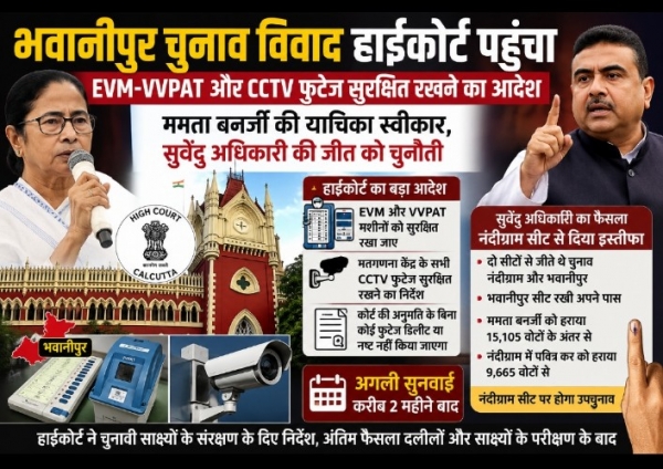 भवानीपुर चुनाव विवाद हाईकोर्ट पहुंचा: EVM-VVPAT और CCTV फुटेज सुरक्षित रखने का आदेश, सुवेंदु अधिकारी की जीत पर कानूनी चुनौती