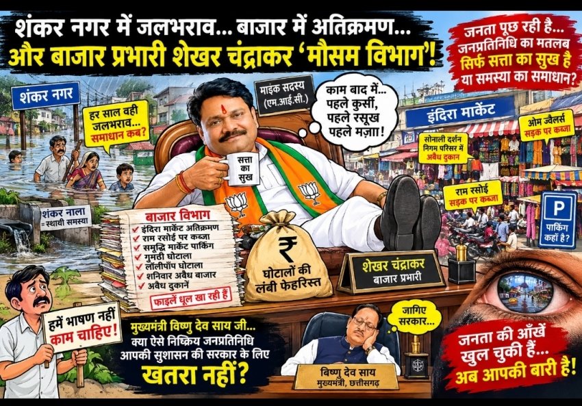 शंकर नगर डूबता रहा, बाजार विभाग सोता रहा? शंकर चंद्राकर की दोहरी जिम्मेदारी पर उठे सवाल—वार्ड में जलभराव और बाजार में अव्यवस्था, आखिर जवाबदेही किसकी?