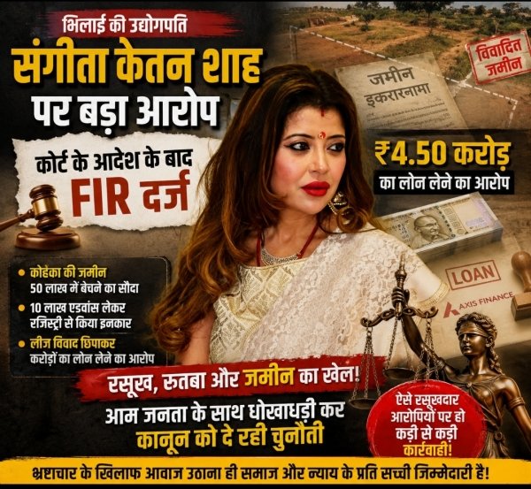 रसूख, रुतबा और जमीन का खेल! भिलाई में उद्योगपति दंपत्ति संगीता केतन शाह पर करोड़ों की जमीन धोखाधड़ी का मामला, कोर्ट के आदेश के बाद FIR दर्ज