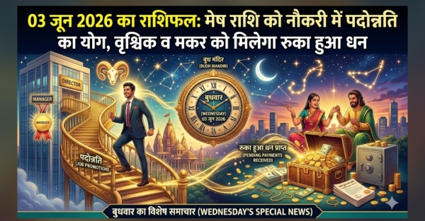 राशिफल 03 जून 2026: मेष राशि वालों के लिए नौकरी में पदोन्नति के योग, वृश्चिक और मकर राशि के जातकों को मिलेगा रुका हुआ धन