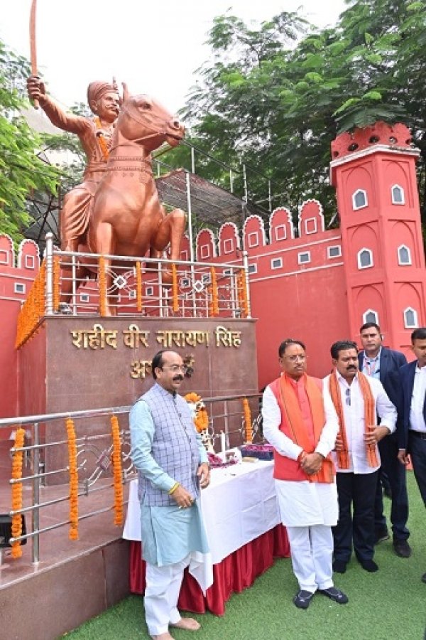 श्री विष्णु देव साय ने पद की शपथ लेने से पहले पूर्व प्रधान मंत्री श्री अटल बिहारी वाजपेयी और स्वतंत्रता सेनानी शहीद वीर नारायण सिंह को श्रद्धांजलि अर्पित की