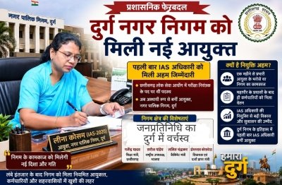 दुर्ग निगम को पहली बार मिला IAS आयुक्त: लीना कोसम की नियुक्ति से बदलेगी कार्यप्रणाली, विकास और सुशासन को लेकर बढ़ी उम्मीदें
