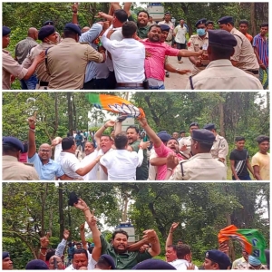 काला गमछा दिखाकर मुख्यमंत्री का  विरोध कर रहे, युवा मोर्चा के कार्यकर्ताओं को पुलिस ने बल प्रयोग कर हटाया