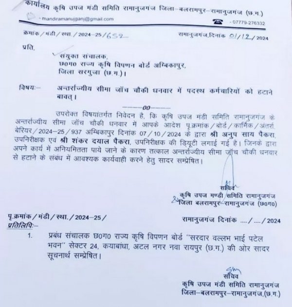 अवैध वसूली : मंडी सचिव ने उप निरीक्षक और सभी कर्मचारियों को हटाया