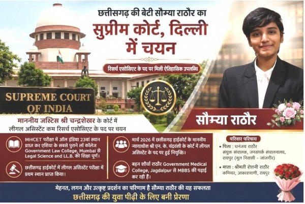 सुप्रीम कोर्ट दिल्ली में रिसर्च एसोसिएट बनीं सौम्या राठौर, छत्तीसगढ़ की बेटी ने हासिल की बड़ी उपलब्धि