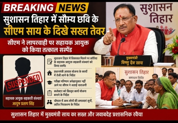 सौम्य छवि के सीएम साय के दिखे सख्त तेवर ,लापरवाही पर सहायक आयुक्त सहकारी संस्थाएं तत्काल सस्पेंड