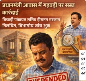 प्रधानमंत्री आवास में गड़बड़ी पर सख्त कार्रवाई चिचाड़ी पंचायत सचिव हीरामन मरकाम निलंबित, विभागीय जांच शुरू