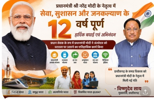 प्रधानमंत्री श्री नरेंद्र मोदी के नेतृत्व में सेवा, सुशासन और जनकल्याण के 12 वर्ष पूर्ण : मुख्यमंत्री विष्णुदेव साय ने दी बधाई