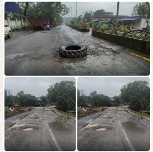 गड्ढे नहीं भरे, बीच सड़क रख दिया टायर! बचेली में क्कङ्खष्ठ और नगरपालिका के 'अनोखे समाधान&Oacute; पर उठे सवाल
